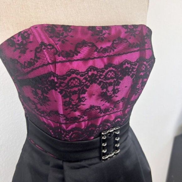 Jessica McClintock Gunne Sax Vintage Dress Magenta Black Lace Strapless Mini  5 - Picture 2 of 12